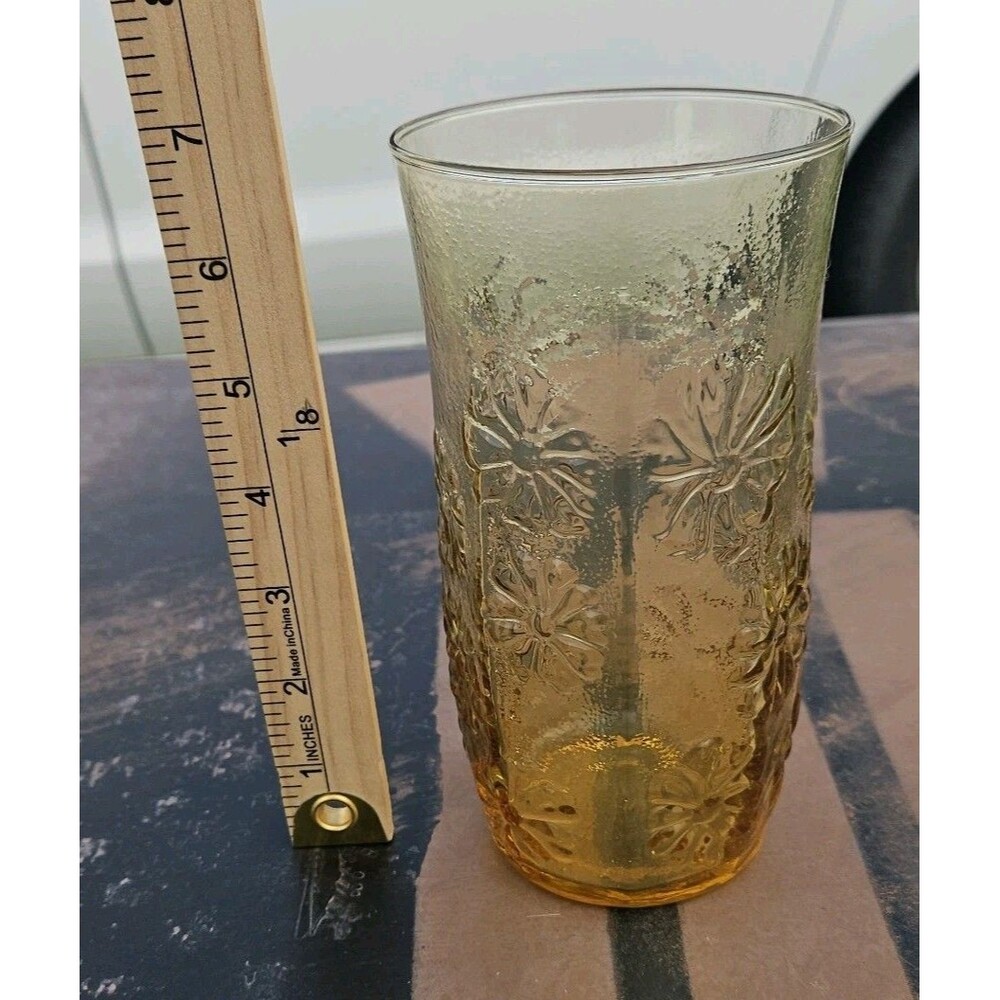 Vintage Anchor Hocking Amber Floral Glass Vase Tumbler Daisy Pattern Retro 70s - Picture 4 of 5